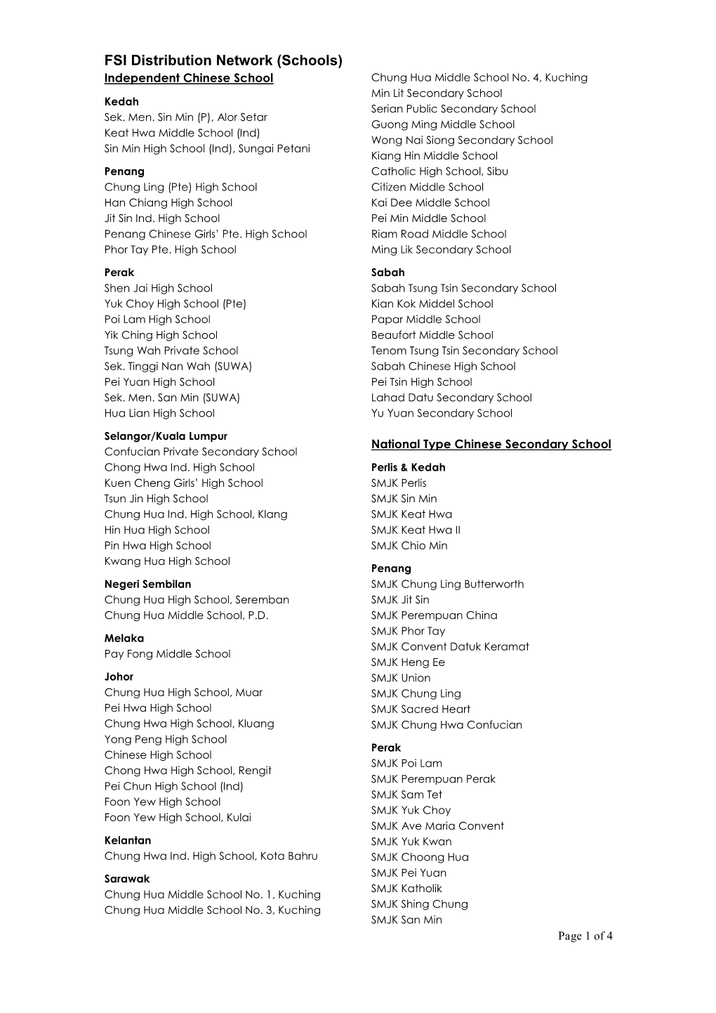 FSI Distribution Network (Schools) Independent Chinese School Chung Hua Middle School No