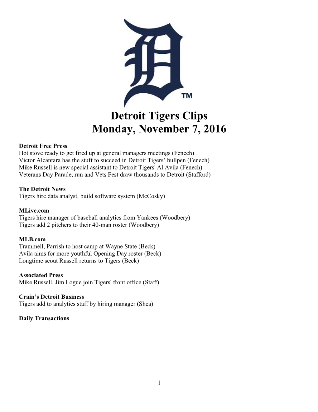 Detroit Tigers Clips Monday, November 7, 2016