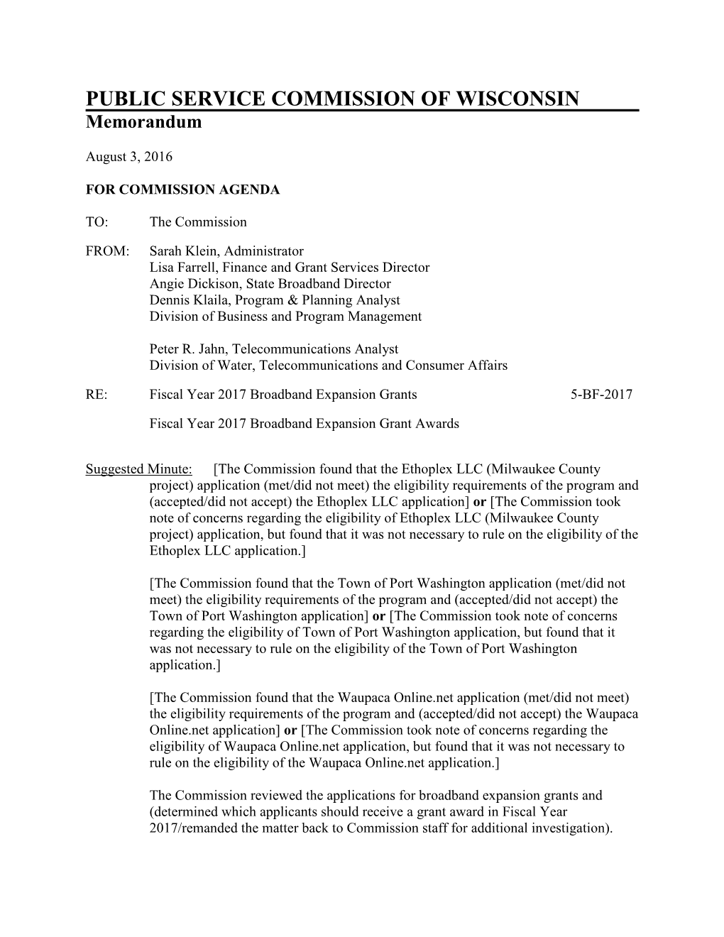 PUBLIC SERVICE COMMISSION of WISCONSIN Memorandum