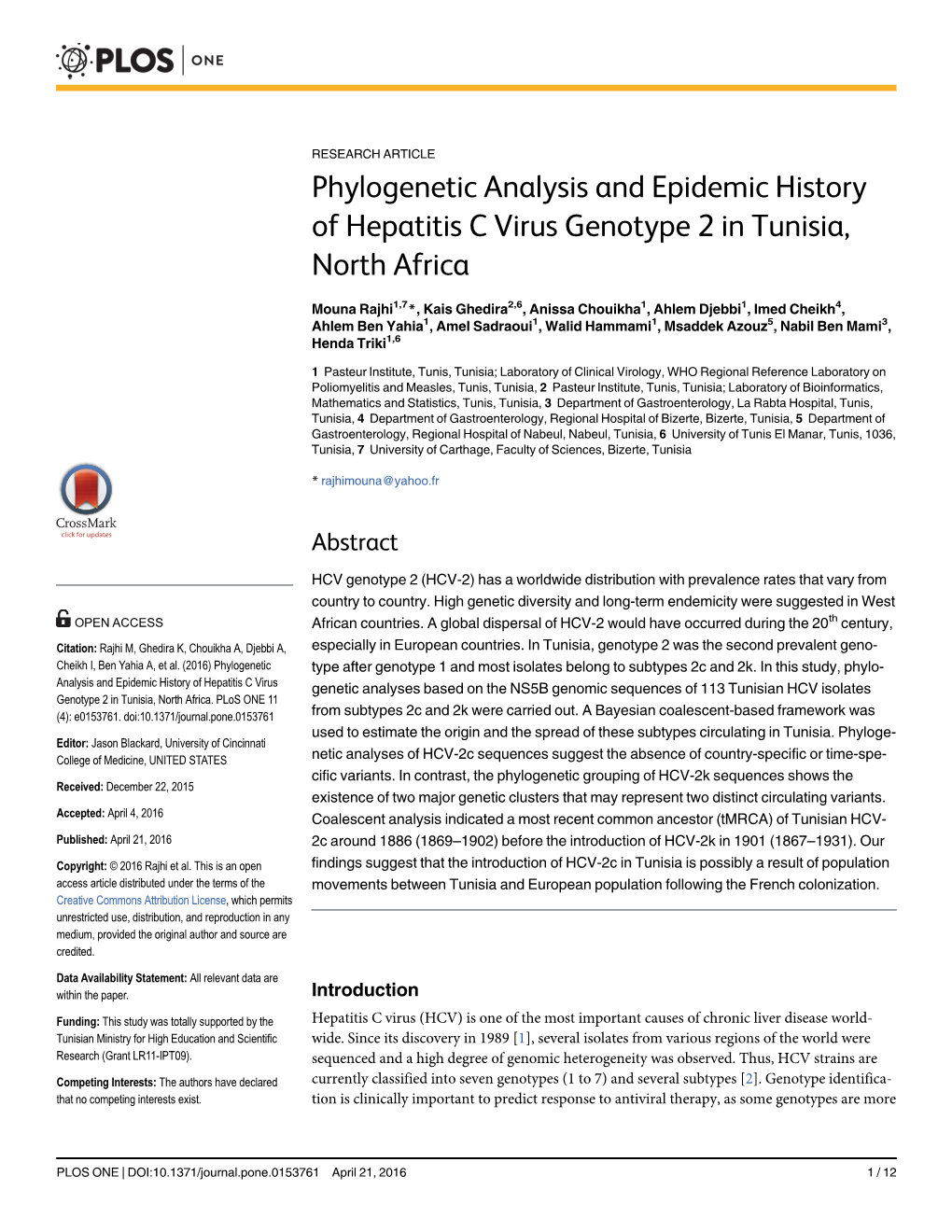 Phylogenetic Analysis and Epidemic History of Hepatitis C Virus Genotype 2 in Tunisia, North Africa