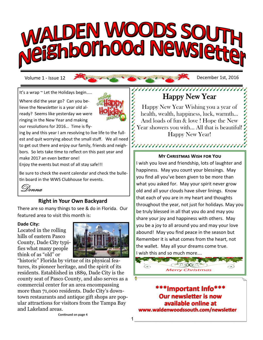 December 2016 Walden Woods South Neighborhood Newsletter