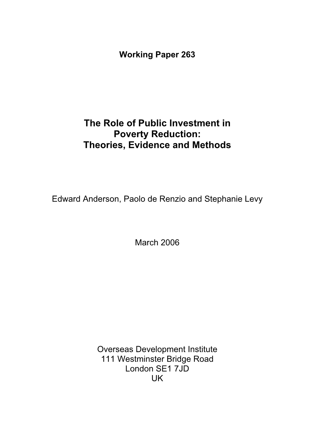 The Role of Public Investment in Poverty Reduction: Theories, Evidence and Methods