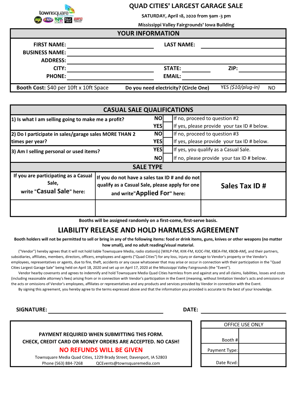 Sales Tax ID # LIABILITY RELEASE and HOLD HARMLESS