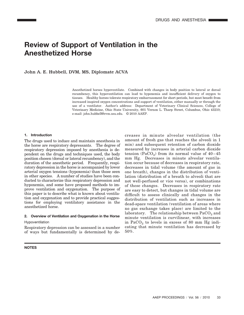 Review of Support of Ventilation in the Anesthetized Horse