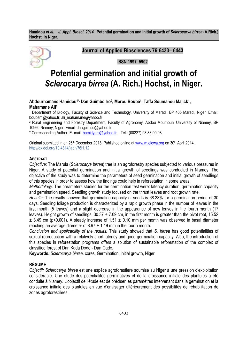 Potential Germination and Initial Growth of Sclerocarya Birrea (A.Rich.) Hochst, in Niger