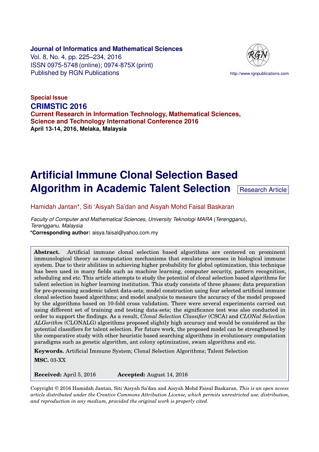 Artificial Immune Clonal Selection Based Algorithm in Academic