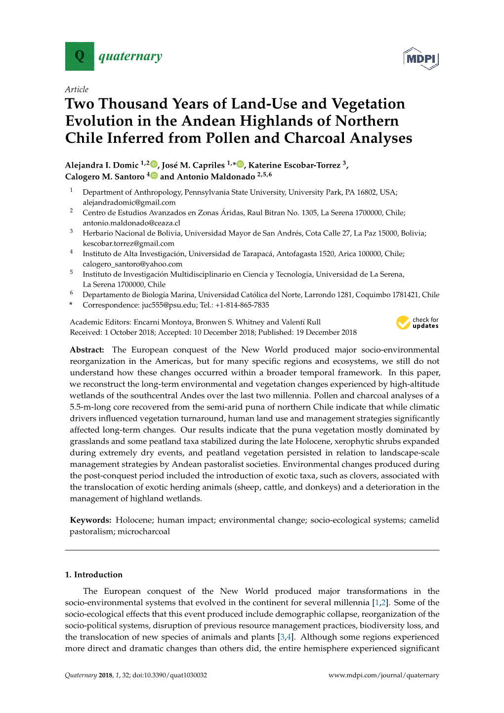 Two Thousand Years of Land-Use and Vegetation Evolution in the Andean Highlands of Northern Chile Inferred from Pollen and Charcoal Analyses