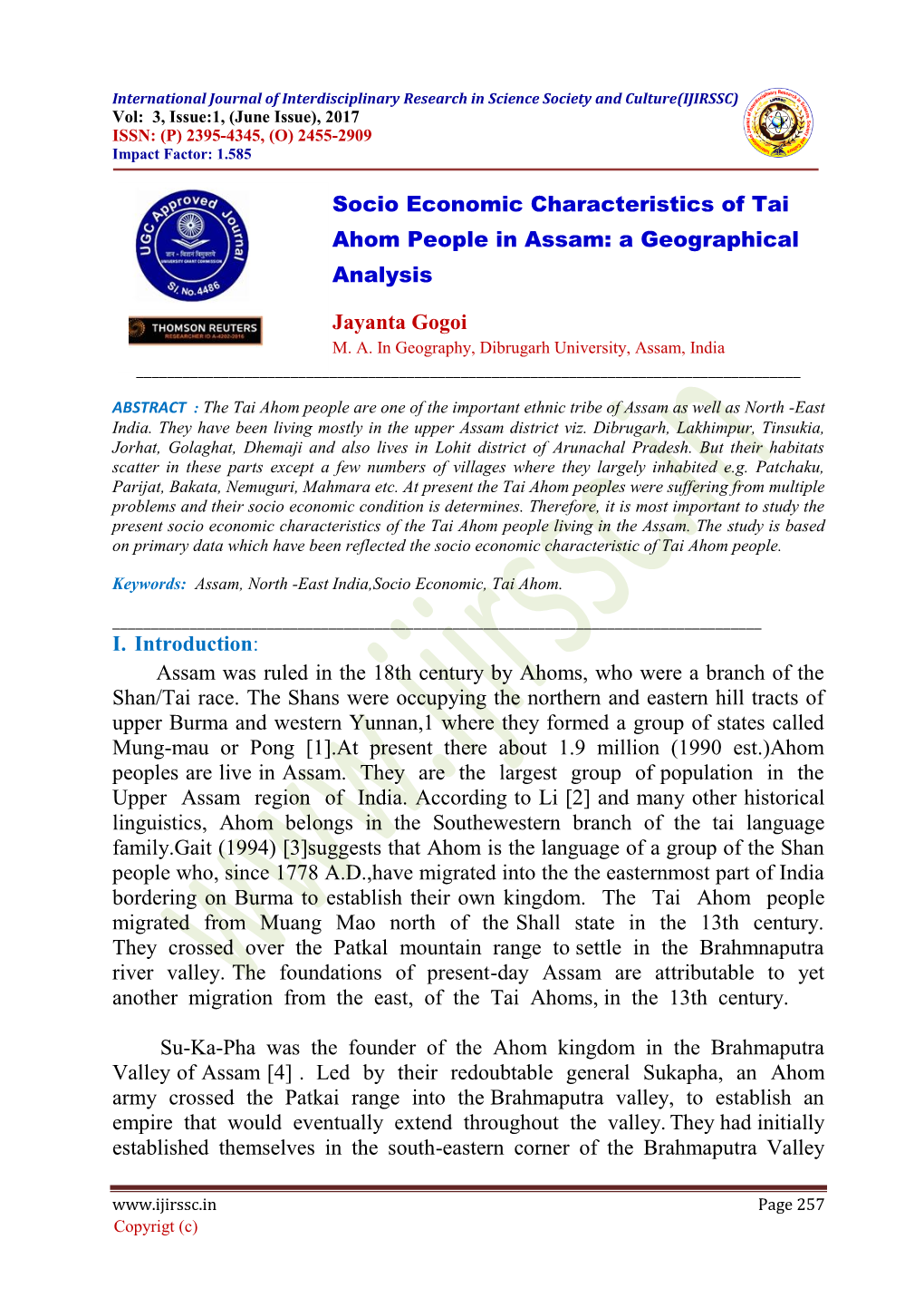Socio Economic Characteristics of Tai Ahom People in Assam: a Geographical Analysis