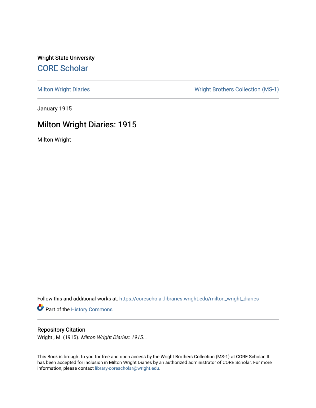 Milton Wright Diaries Wright Brothers Collection (MS-1)