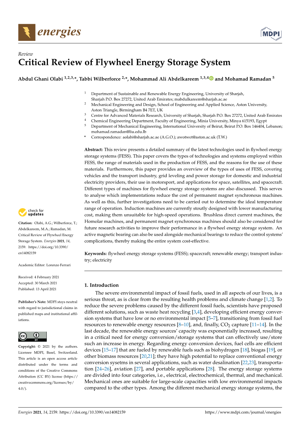Critical Review of Flywheel Energy Storage System