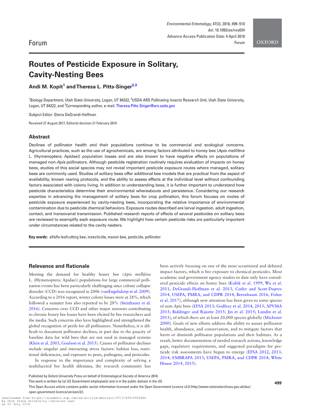 Routes of Pesticide Exposure in Solitary, Cavity-Nesting Bees