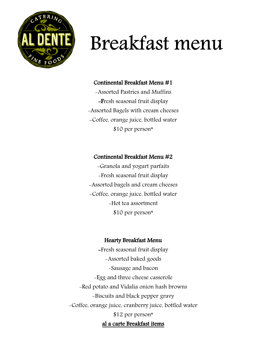 Continental Breakfast Menu