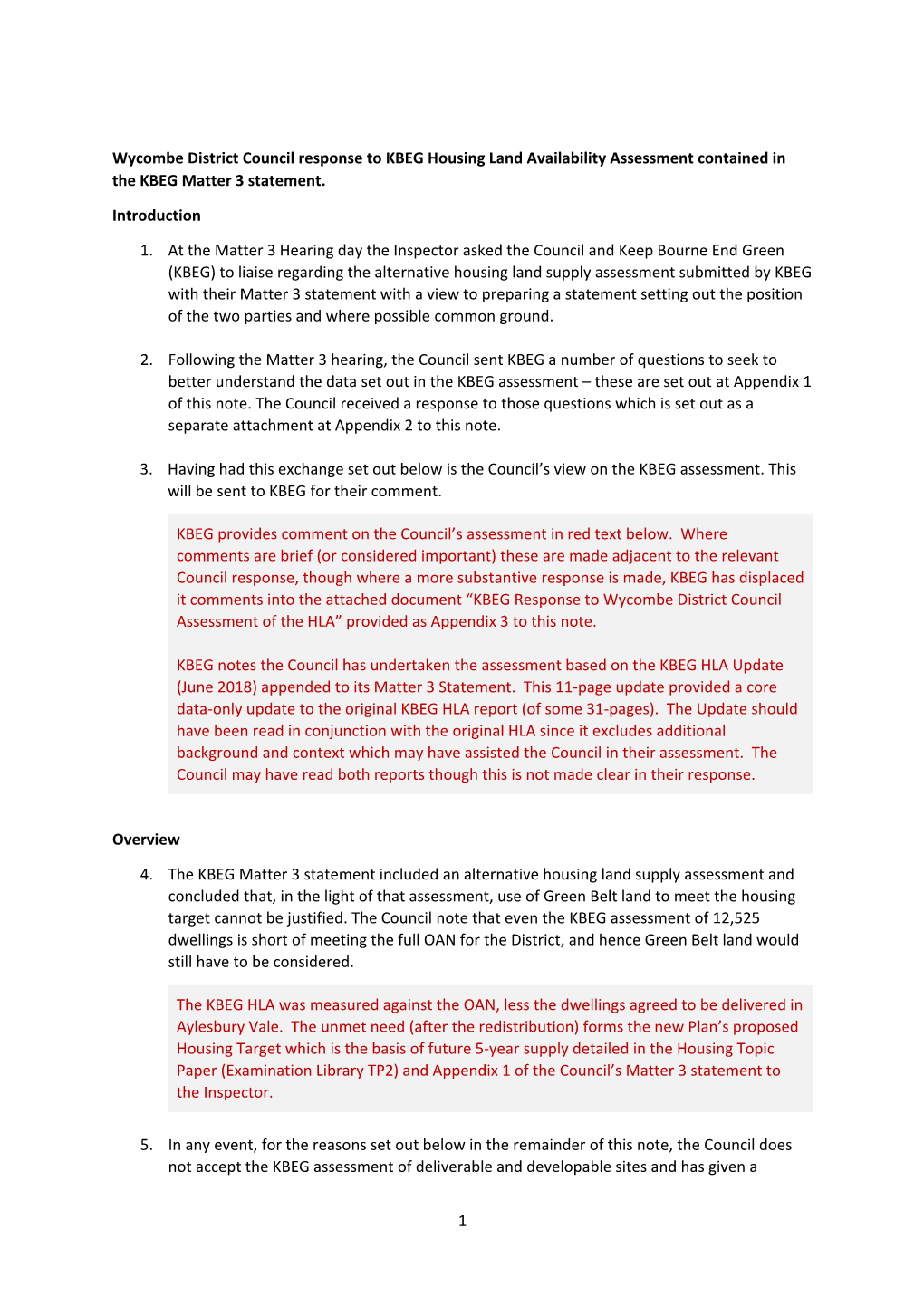 1 Wycombe District Council Response to KBEG Housing Land Availability Assessment Contained in the KBEG Matter 3