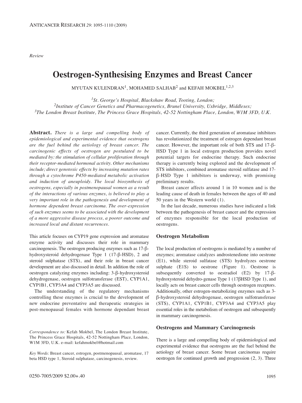 Oestrogen-Synthesising Enzymes and Breast Cancer