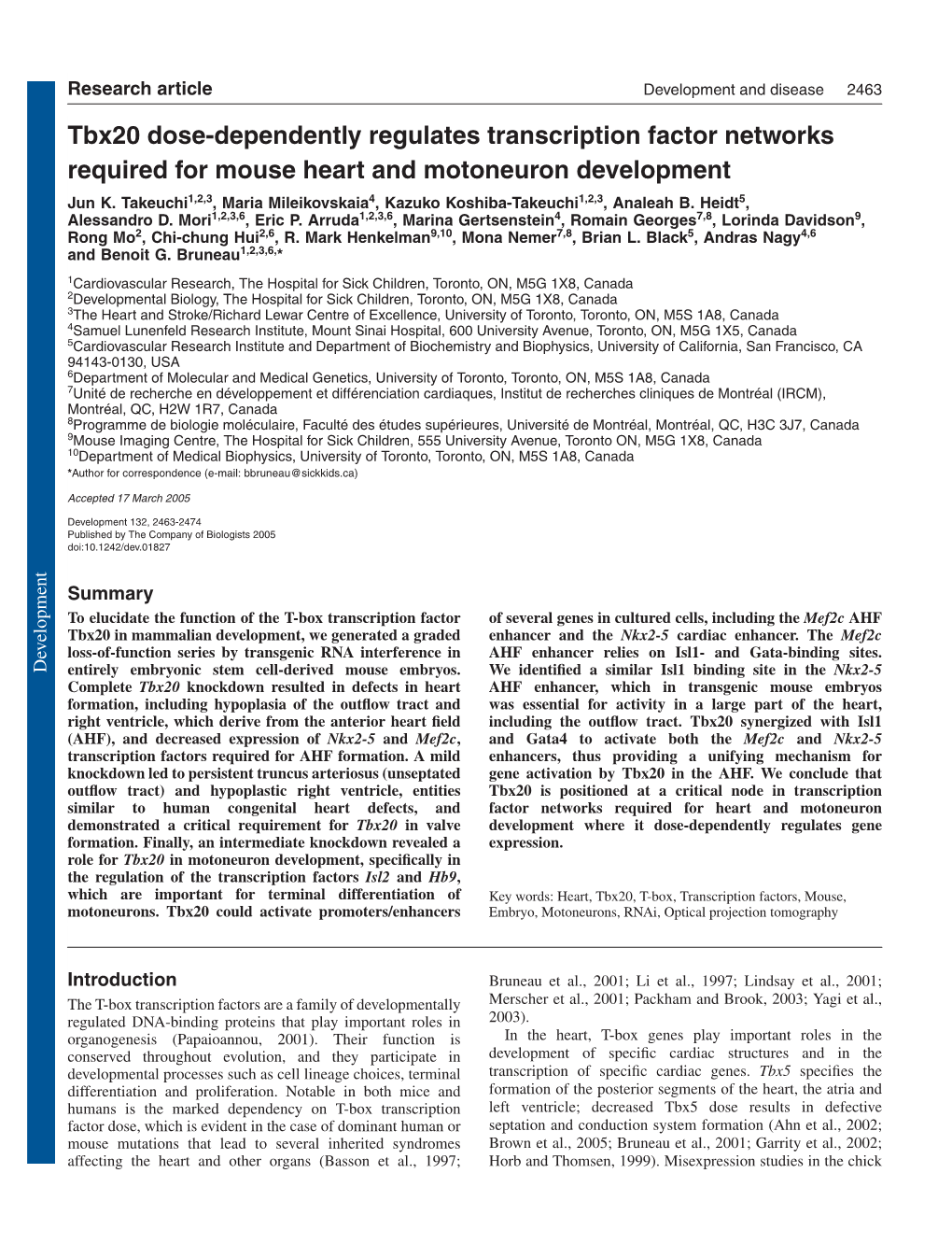 Tbx20 Dose-Dependently Regulates Transcription Factor Networks Required for Mouse Heart and Motoneuron Development Jun K