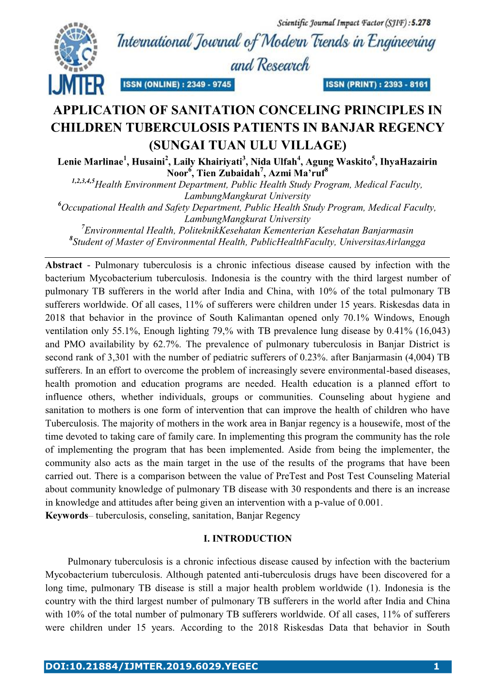 Application of Sanitation Conceling Principles in Children Tuberculosis Patients in Banjar Regency (Sungai Tuan Ulu Village)