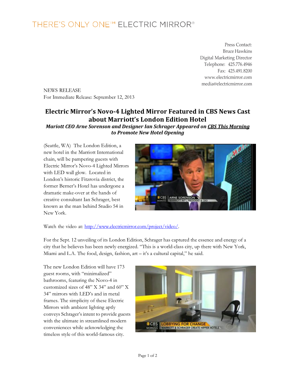 Electric Mirror's Novo-4 Lighted Mirror Featured in CBS News Cast About Marriott's London Edition Hotel