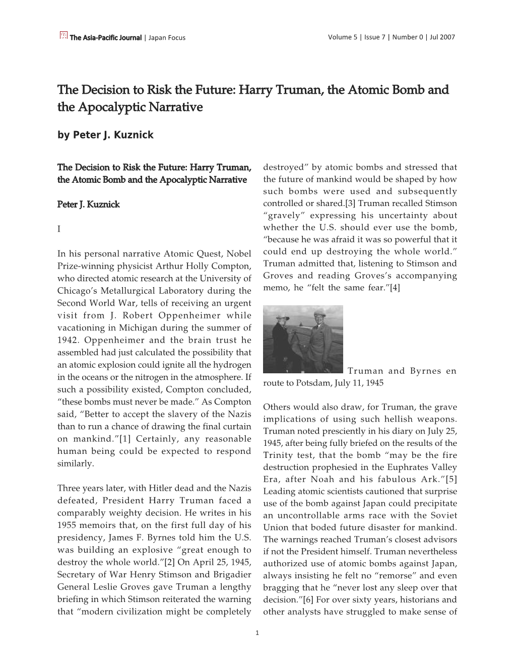 Harry Truman, the Atomic Bomb and the Apocalyptic Narrative by Peter J