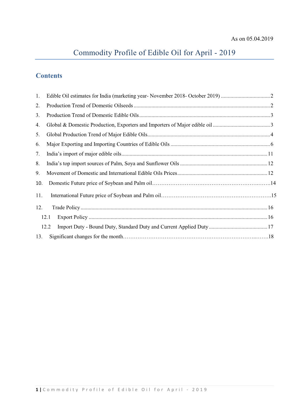 Commodity Profile of Edible Oil for April - 2019