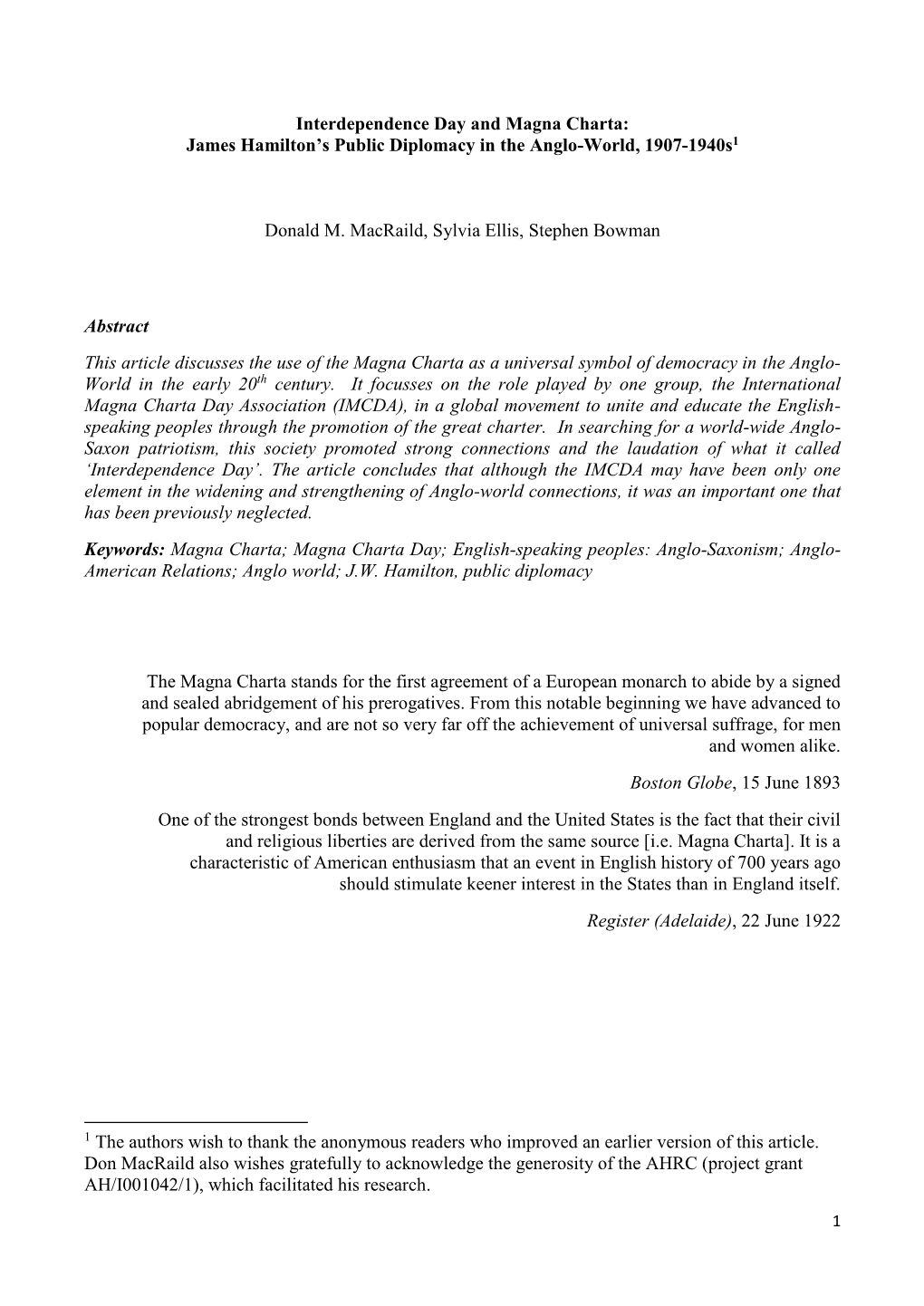 Interdependence Day and Magna Charta: James Hamilton's Public Diplomacy in the Anglo-World, 1907-1940S1 Donald M. Macraild, Sy