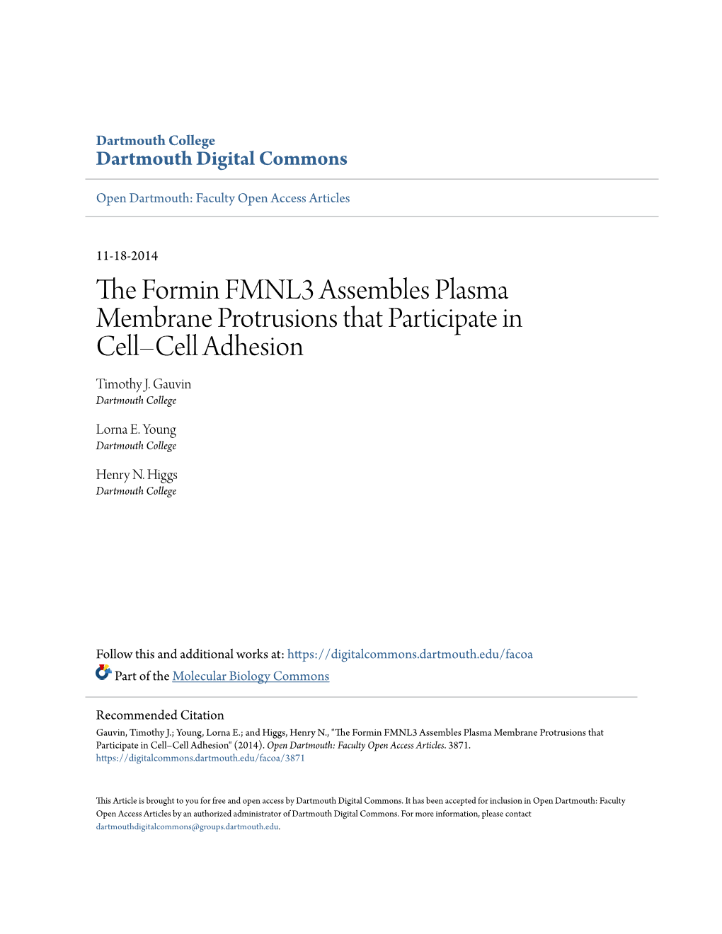 The Formin FMNL3 Assembles Plasma Membrane Protrusions That Participate in Cell–Cell Adhesion