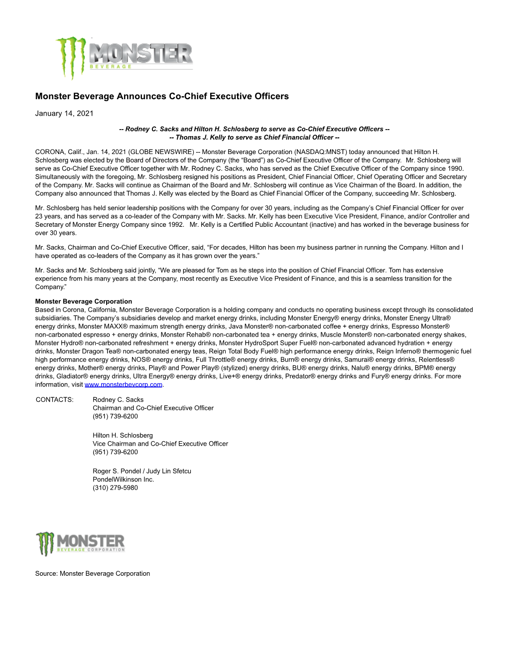 Monster Beverage Announces Co-Chief Executive Officers