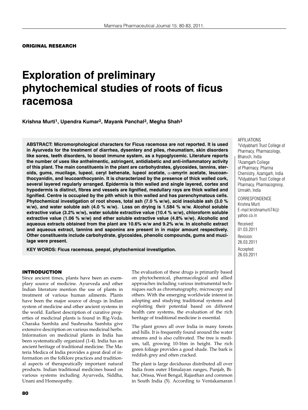 Exploration of Preliminary Phytochemical Studies of Roots of Ficus Racemosa