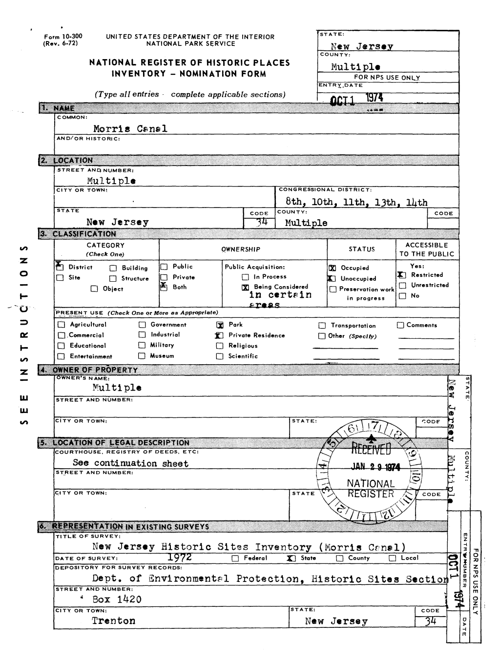 Dept. of Environmental Protection, Historic Sites Sectior STREET and NUMBER: Box 1420 O> CITY OR TOWN: STATE: Trenton New Jersey (Check One)