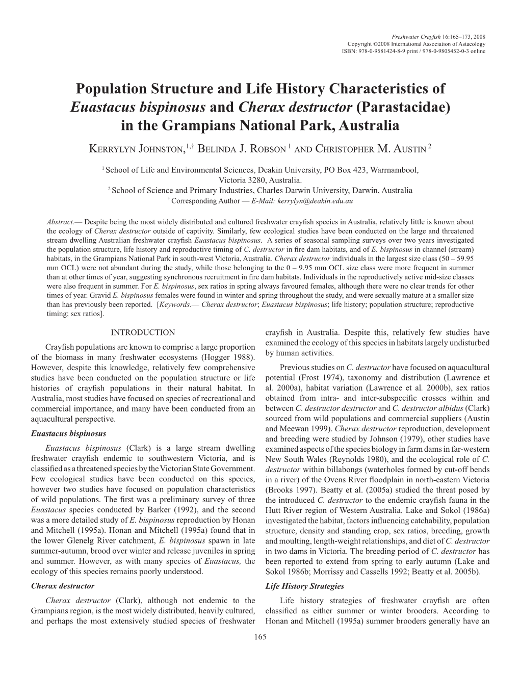 Population Structure and Life History Characteristics of Euastacus Bispinosus and Cherax Destructor (Parastacidae) in the Grampians National Park, Australia