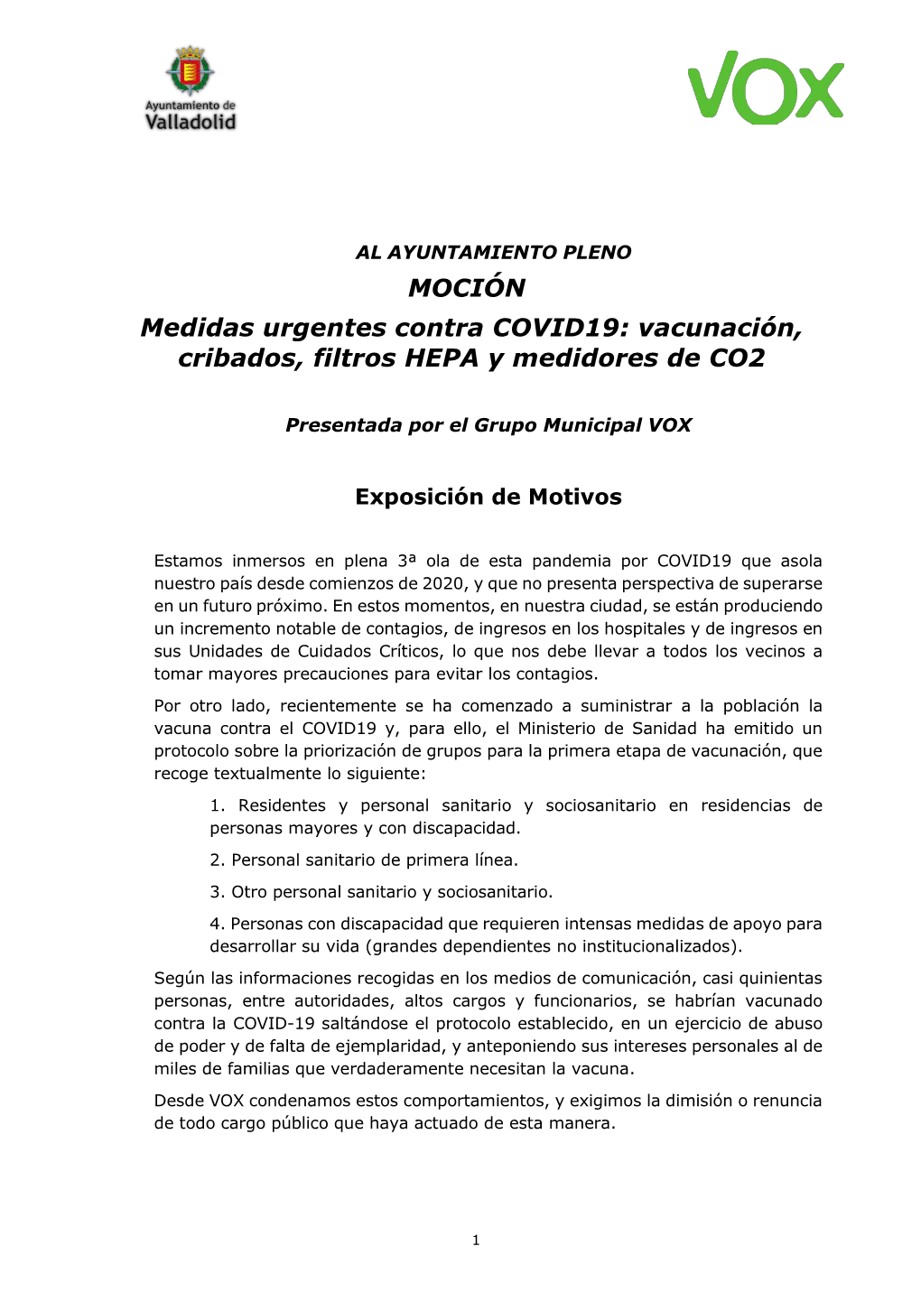 MOCIÓN Medidas Urgentes Contra COVID19: Vacunación, Cribados, Filtros HEPA Y Medidores De CO2