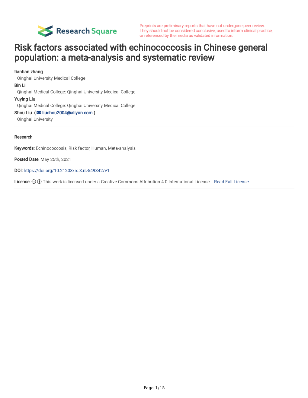 Risk Factors Associated with Echinococcosis in Chinese General