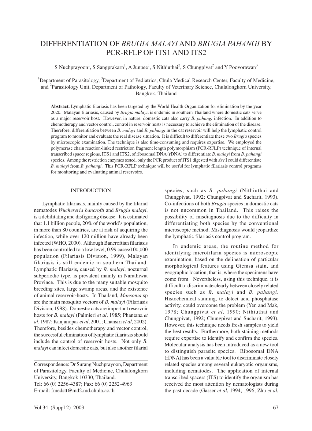 Differentiation of Brugia Malayi and Brugia Pahangi by Pcr-Rflp of Its1 and Its2