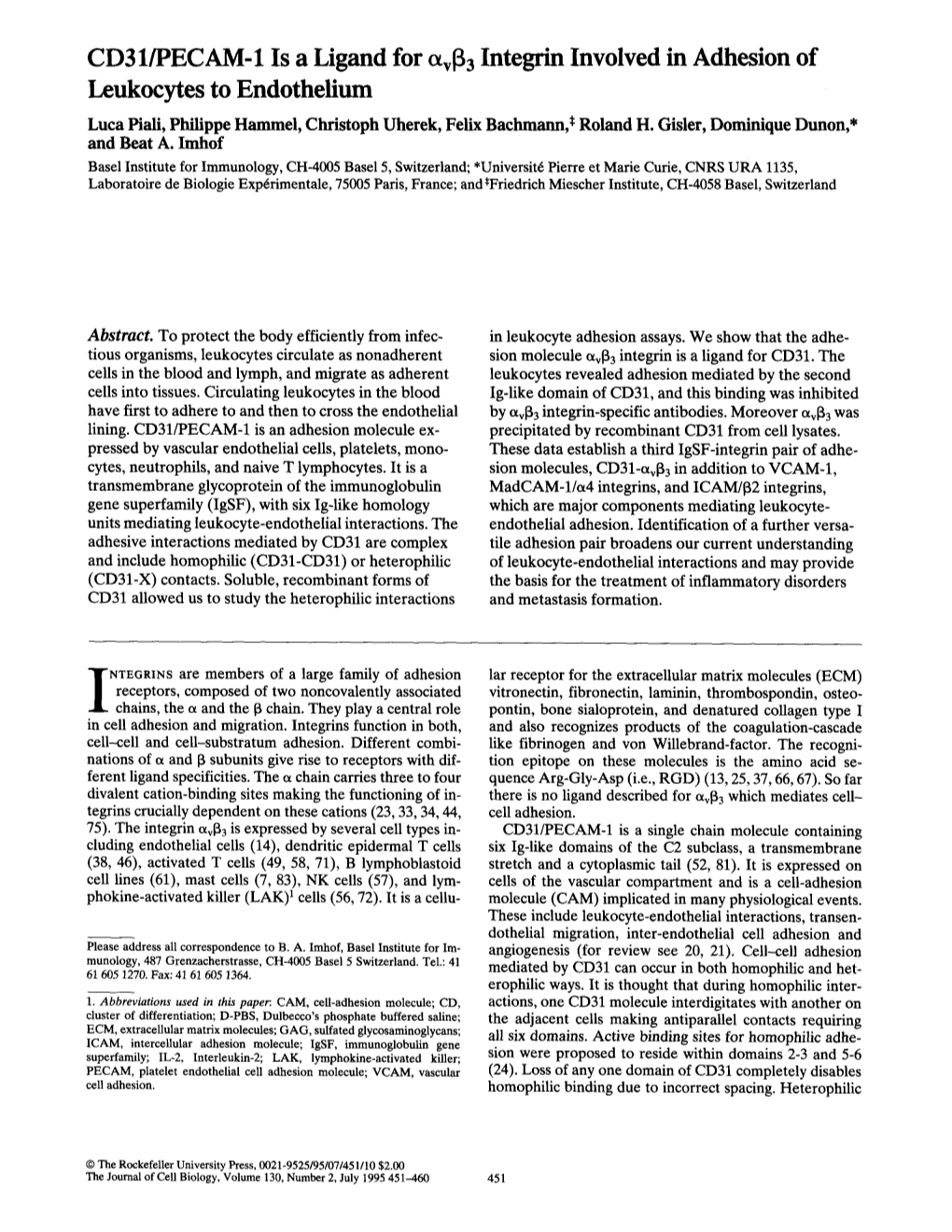 CD31/PECAM-1 Is a Ligand for Otv133 Integrin Involved in Adhesion Of