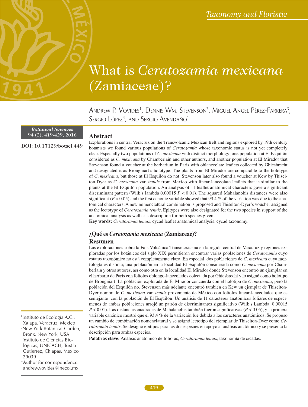 Abstract ¿Qué Es Ceratozamia Mexicana (Zamiaceae)? Resumen