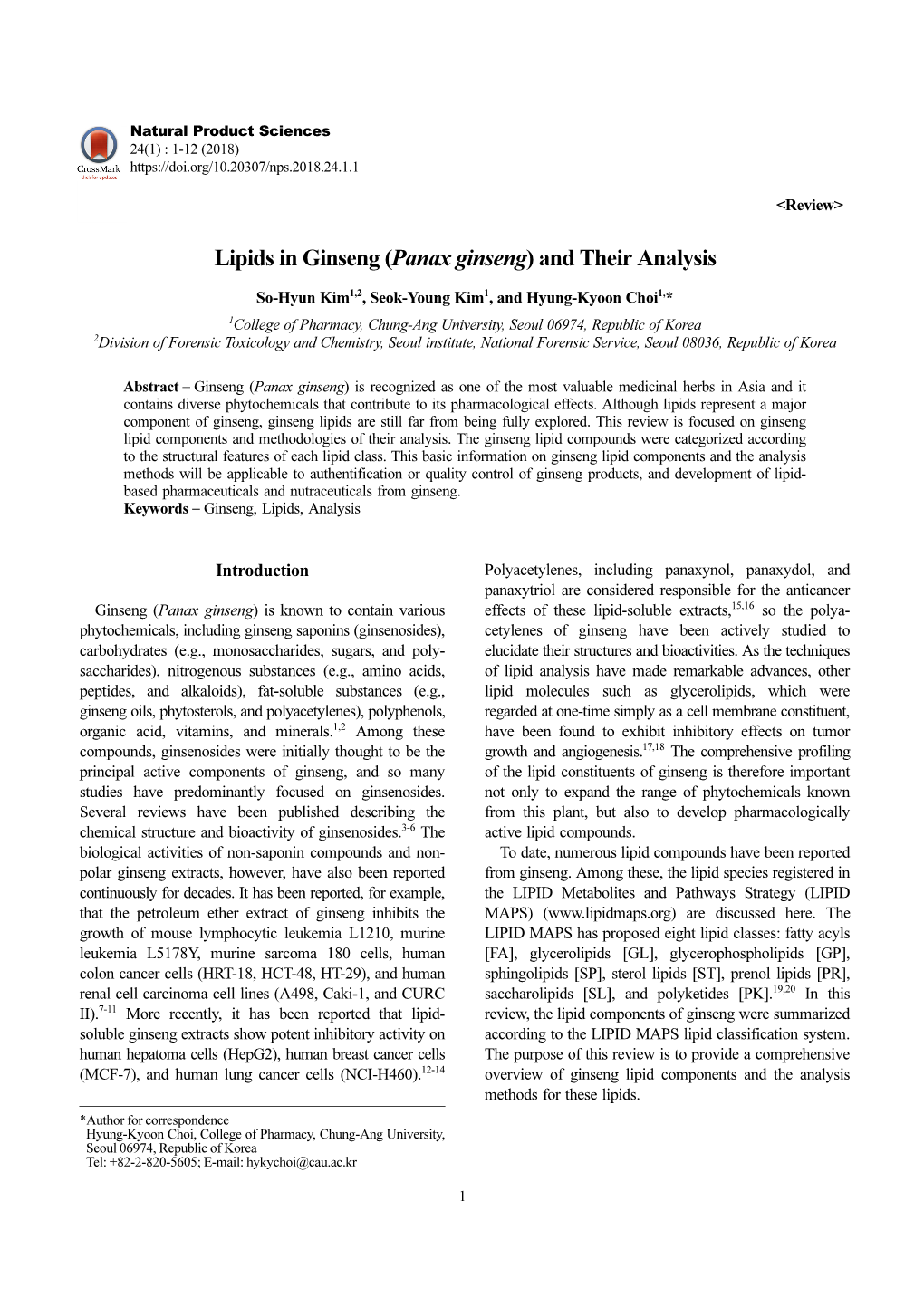 Lipids in Ginseng (Panax Ginseng) and Their Analysis