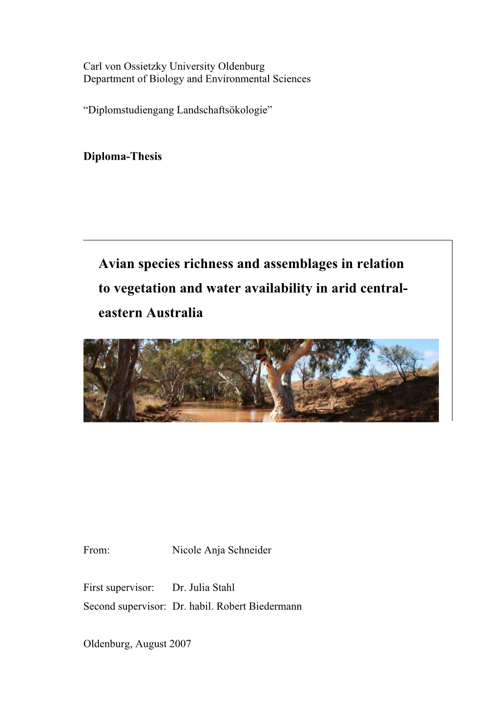 Avian Species Richness and Assemblages in Relation to Vegetation and Water Availability in Arid Central- Eastern Australia