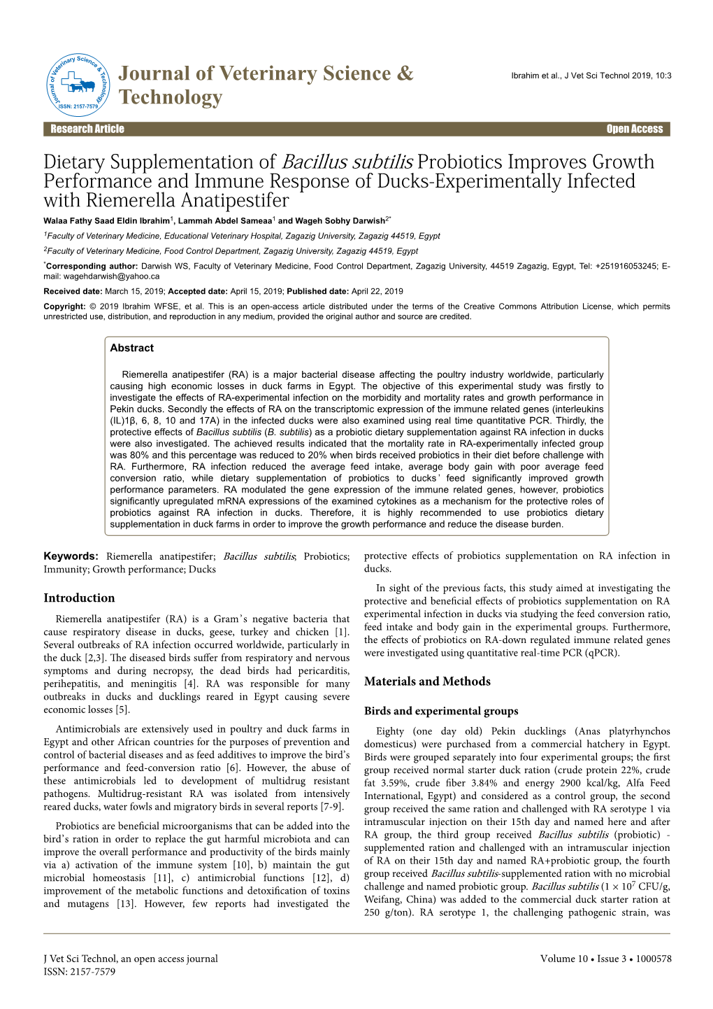 Dietary Supplementation of Bacillus Subtilis Probiotics Improves Growth