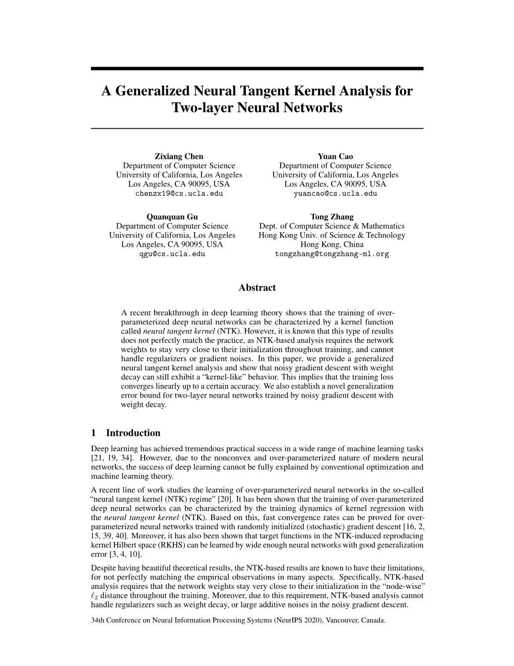 A Generalized Neural Tangent Kernel Analysis for Two-Layer Neural Networks