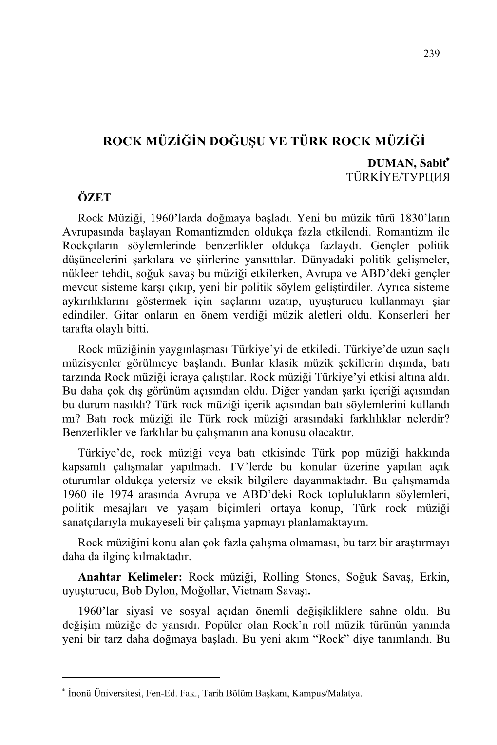 DUMAN, Sabit-ROCK MÜZİĞİN DOĞUŞU VE TÜRK ROCK MÜZİĞİ