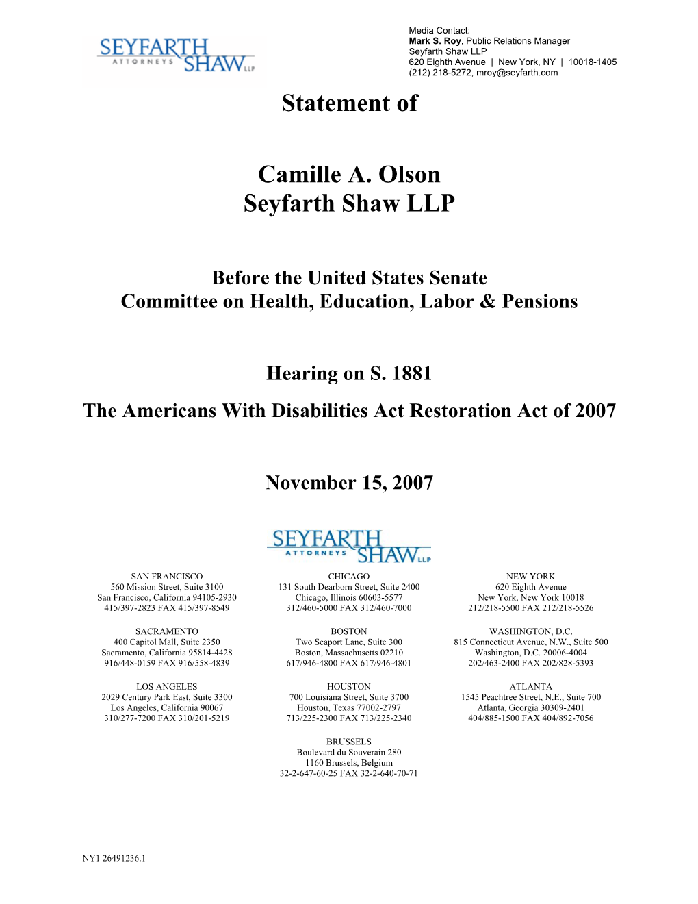 Statement of Camille A. Olson Seyfarth Shaw LLP