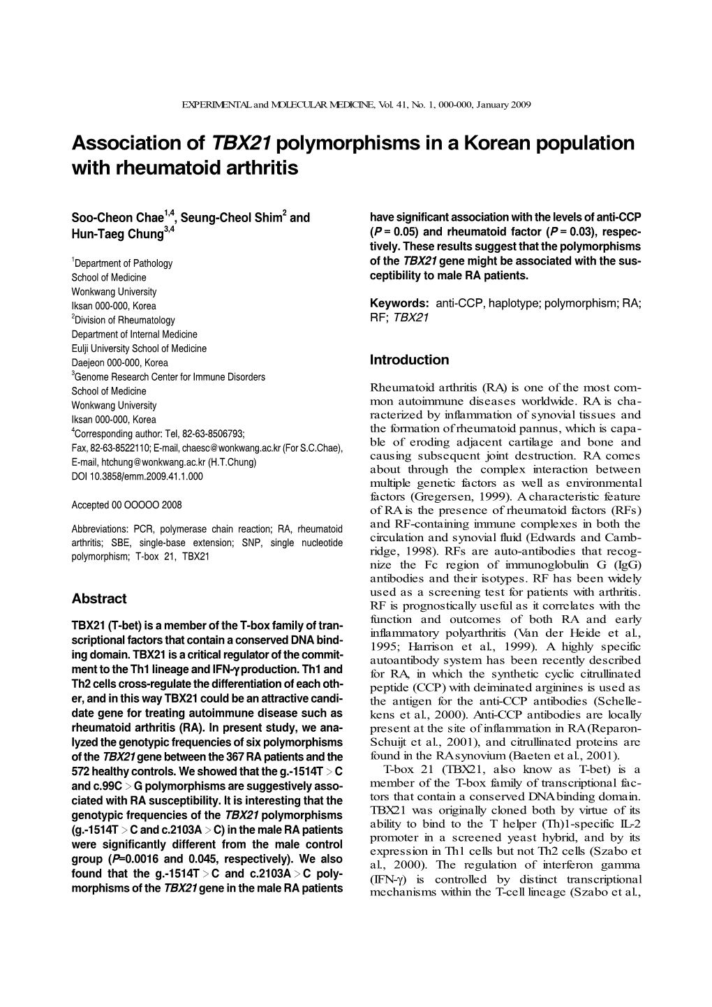 Association of TBX21 Polymorphisms in a Korean Population with Rheumatoid Arthritis