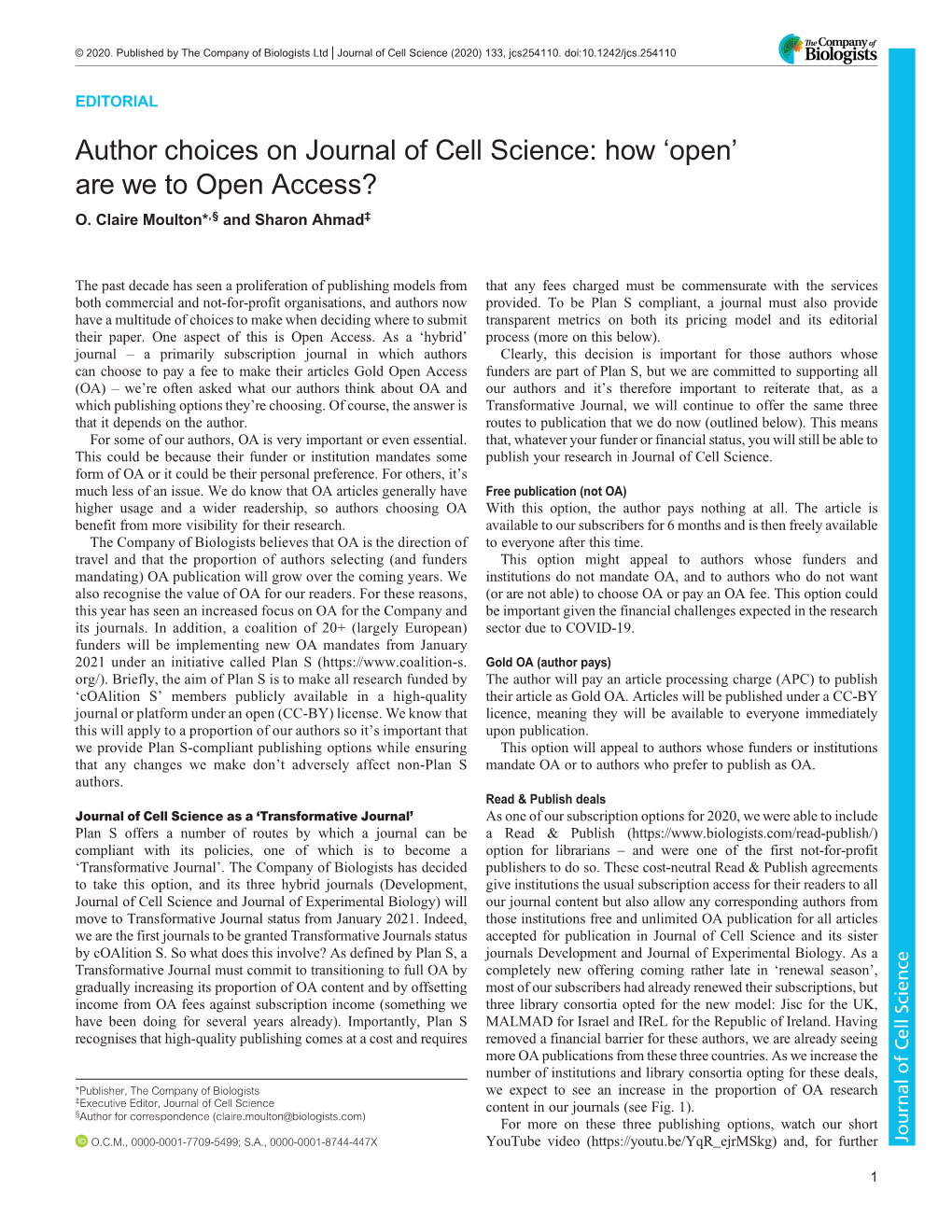 Author Choices on Journal of Cell Science: How 'Open' Are We to Open