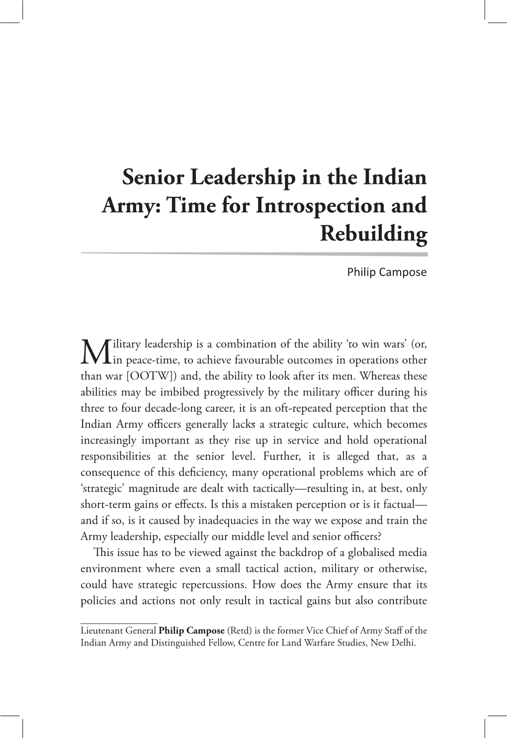 Senior Leadership in the Indian Army: Time for Introspection and Rebuilding