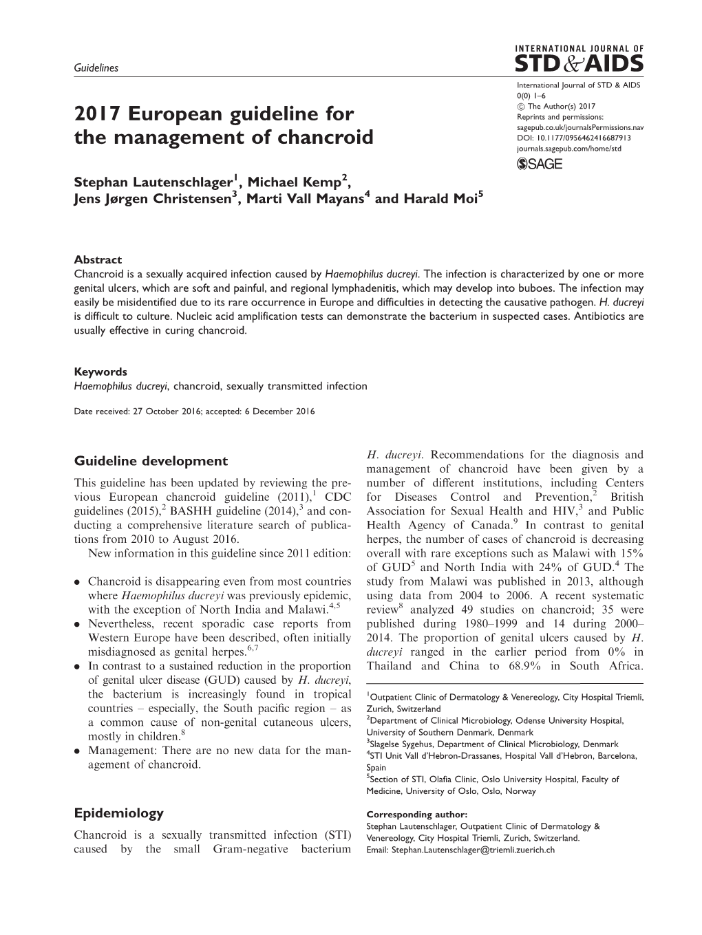 2017 European Guideline for the Management of Chancroid