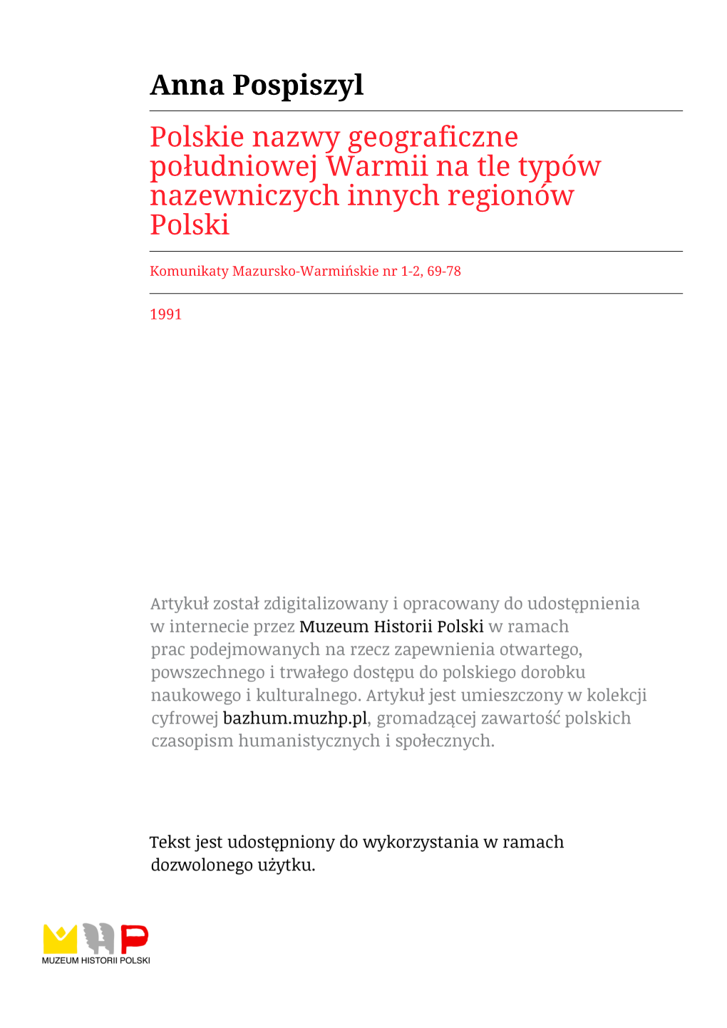 Anna Pospiszyl Polskie Nazwy Geograficzne Południowej Warmii Na Tle Typów Nazewniczych Innych Regionów Polski