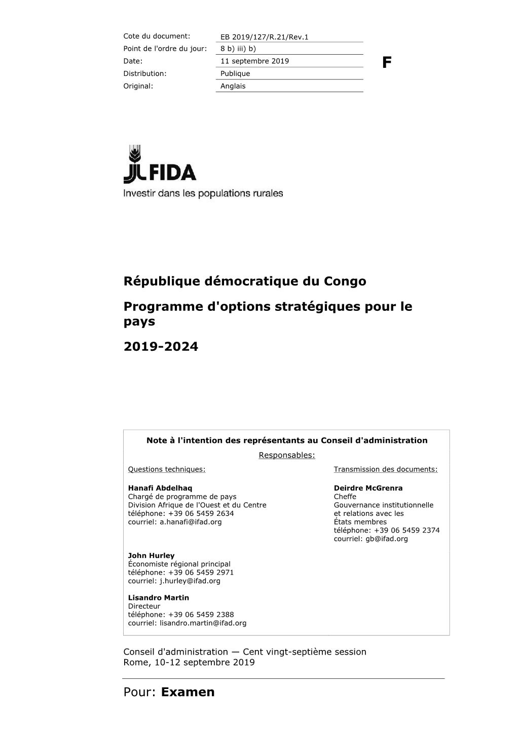Examen République Démocratique Du Congo Programme D'options Stratégiques Pour Le Pays 2019-2024