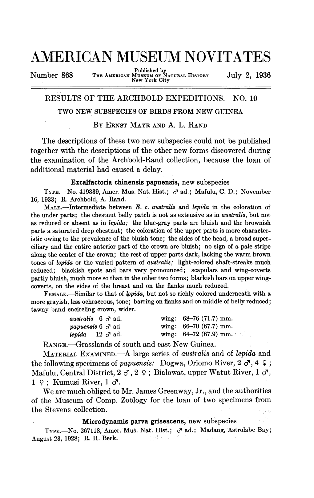 AMERICAN MUSEUM NOVITATES Publiished by Number 868 the AMERICAN MUSEUM of NATURAL HISTORY 2, 1936 New York City July RESULTS of the ARCHBOLD EXPEDITIONS