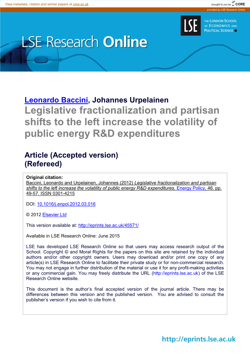 Legislative Fractionalization and Partisan Shifts to the Left Increase the Volatility of Public Energy R&D Expenditures