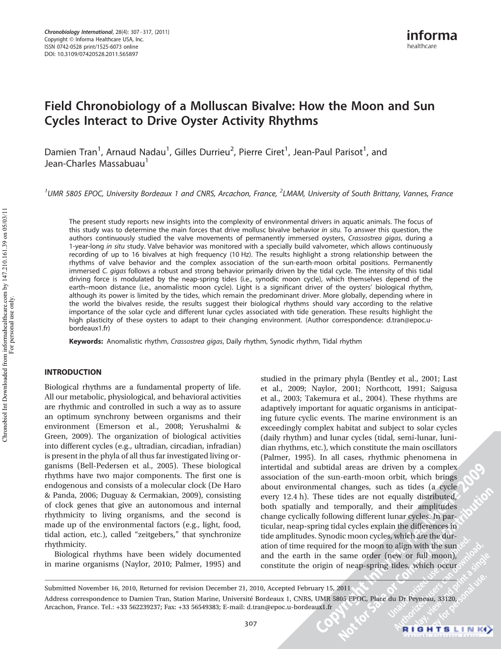 Field Chronobiology of a Molluscan Bivalve: How the Moon and Sun Cycles Interact to Drive Oyster Activity Rhythms