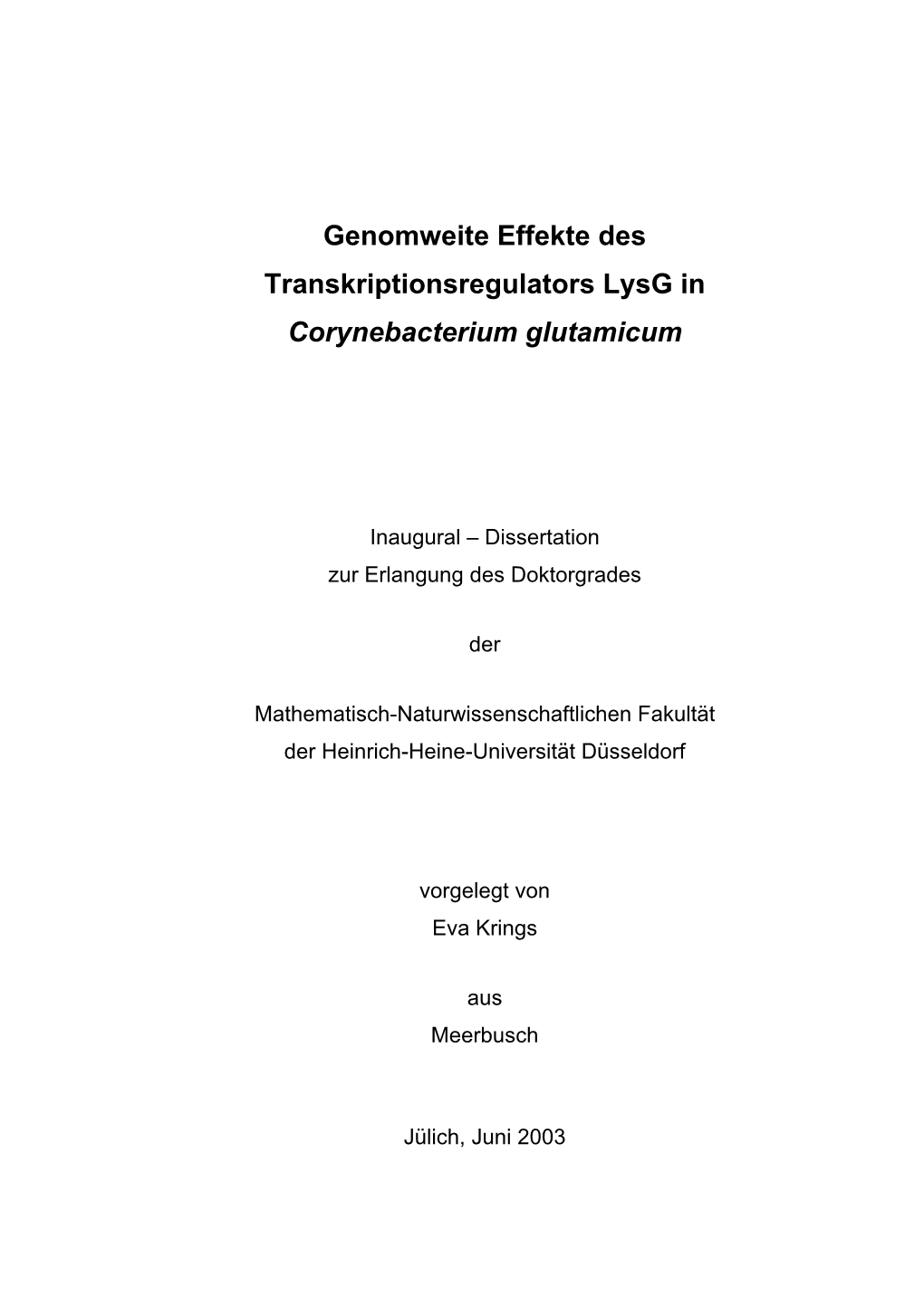 Genomweite Effekte Des Transkriptionsregulators Lysg in Corynebacterium Glutamicum